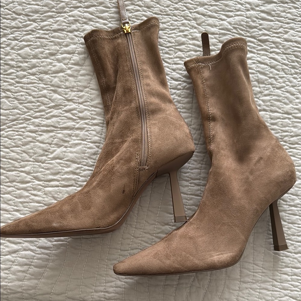 Zara Tan Suede Heeled Boots with Pointed Toe